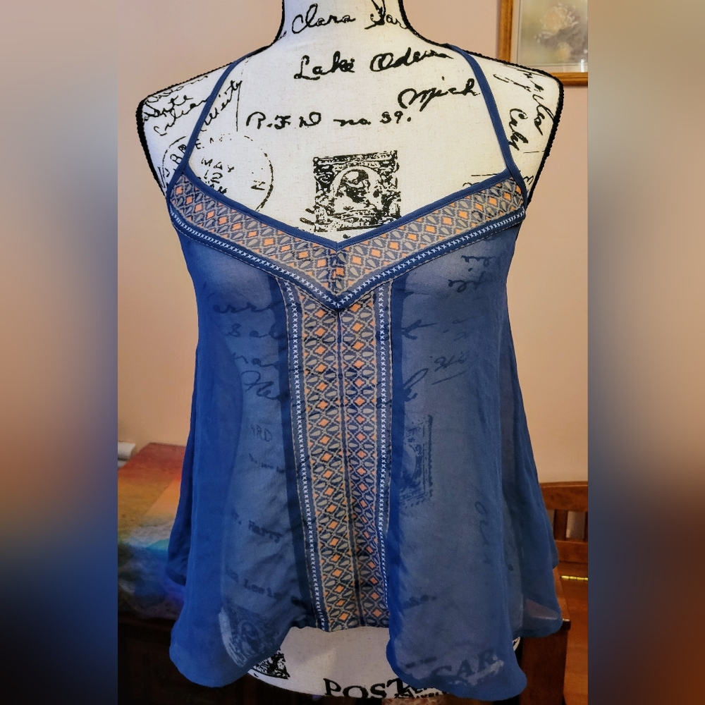 Aeropostale Boho Royal Blue Sheer Tribal Accent Cami, Shark Bit, M, EUC